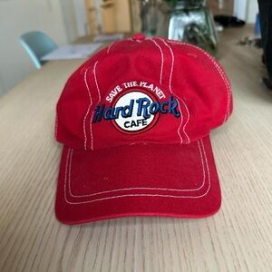 Hard Rock Cafe Red Baseball Cap with White Stitching and Blue Logo